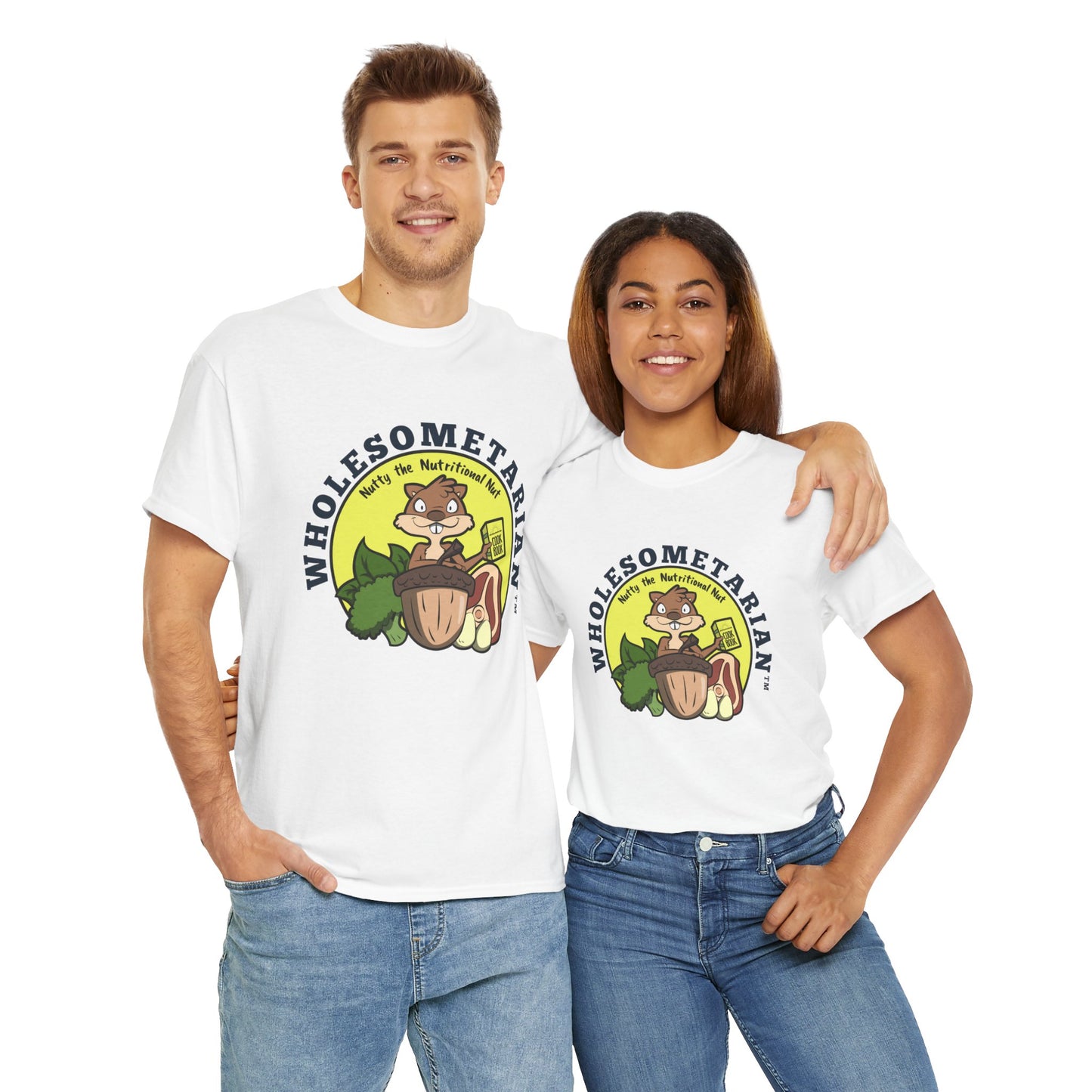 "Know What’s Best" White Heavy Cotton Wholesometarian™ Tee Shirt – With Nutty the Nutritional Nut – Your Knowledge Pillar