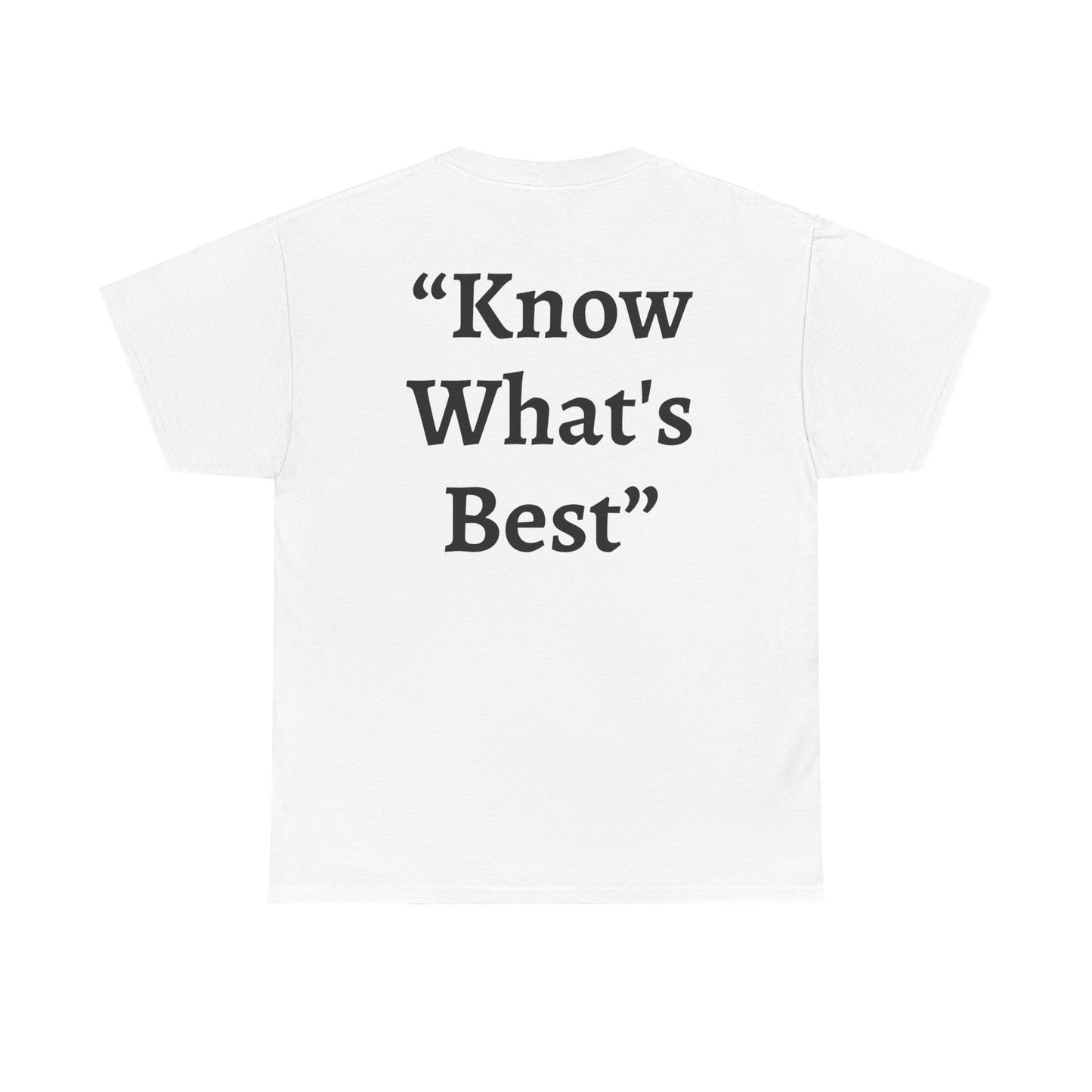 "Know What’s Best" White Heavy Cotton Wholesometarian™ Tee Shirt – With Nutty the Nutritional Nut – Your Knowledge Pillar