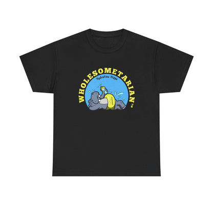 "Hello H₂O" Black Heavy Cotton Wholesometarian™ Tee Shirt with Hydration Hippo – Your Hydration Pillar