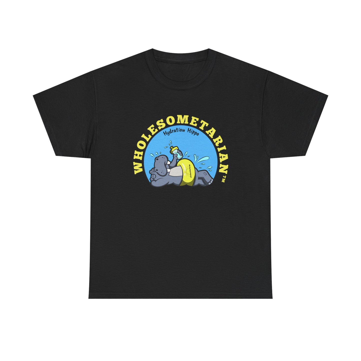 "Hello H₂O" Black Heavy Cotton Wholesometarian™ Tee Shirt with Hydration Hippo – Your Hydration Pillar