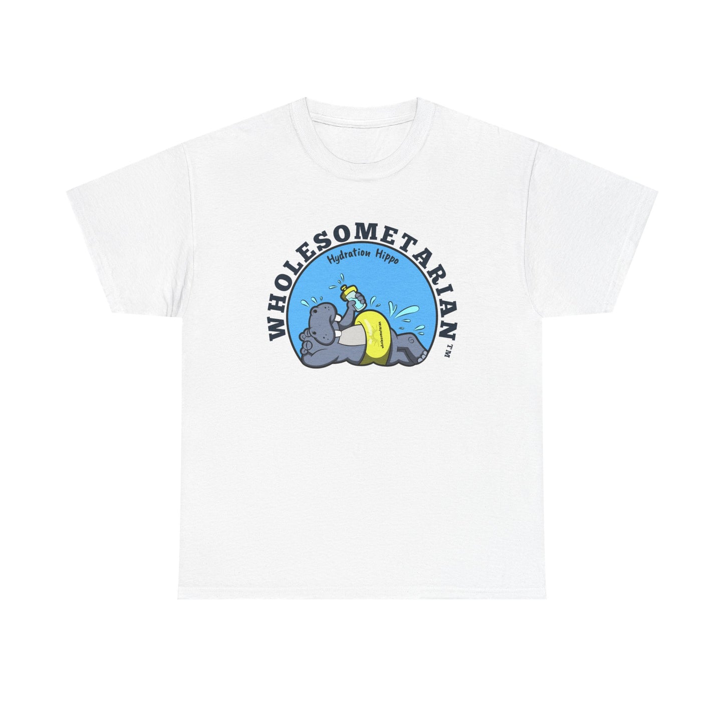 "Hello H2O" White Heavy Cotton Wholesometarian™ Tee Shirt with Hydration Hippo  - Hydration Pillar