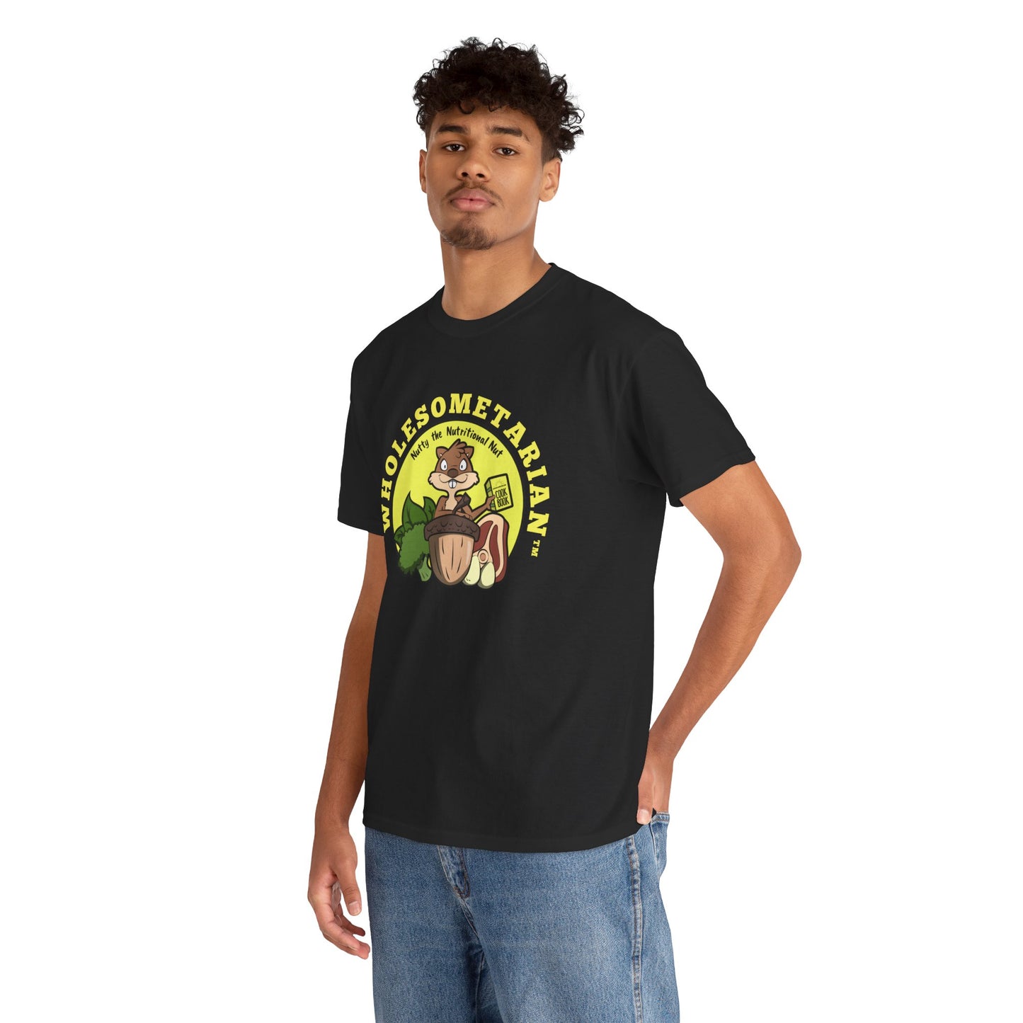 "Know What’s Best" Black Heavy Cotton Wholesometarian™ Tee Shirt with Nutty the Nutritional Nut – Your Knowledge Pillar