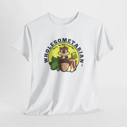 "Know What’s Best" White Heavy Cotton Wholesometarian™ Tee Shirt – With Nutty the Nutritional Nut – Your Knowledge Pillar