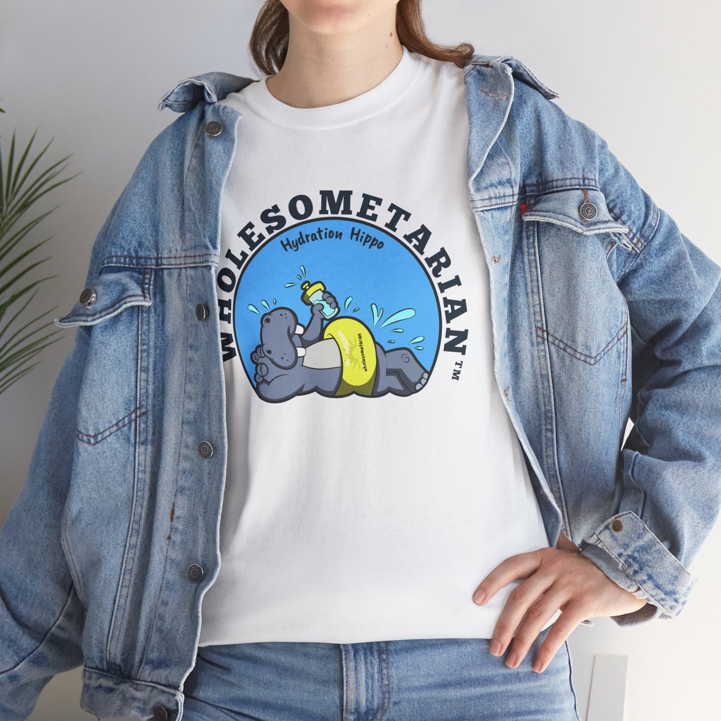 "Hello H2O" White Heavy Cotton Wholesometarian™ Tee Shirt with Hydration Hippo  - Hydration Pillar