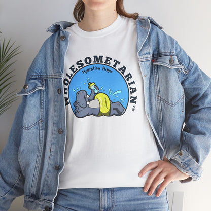 "Hello H2O" White Heavy Cotton Wholesometarian™ Tee Shirt with Hydration Hippo  - Hydration Pillar