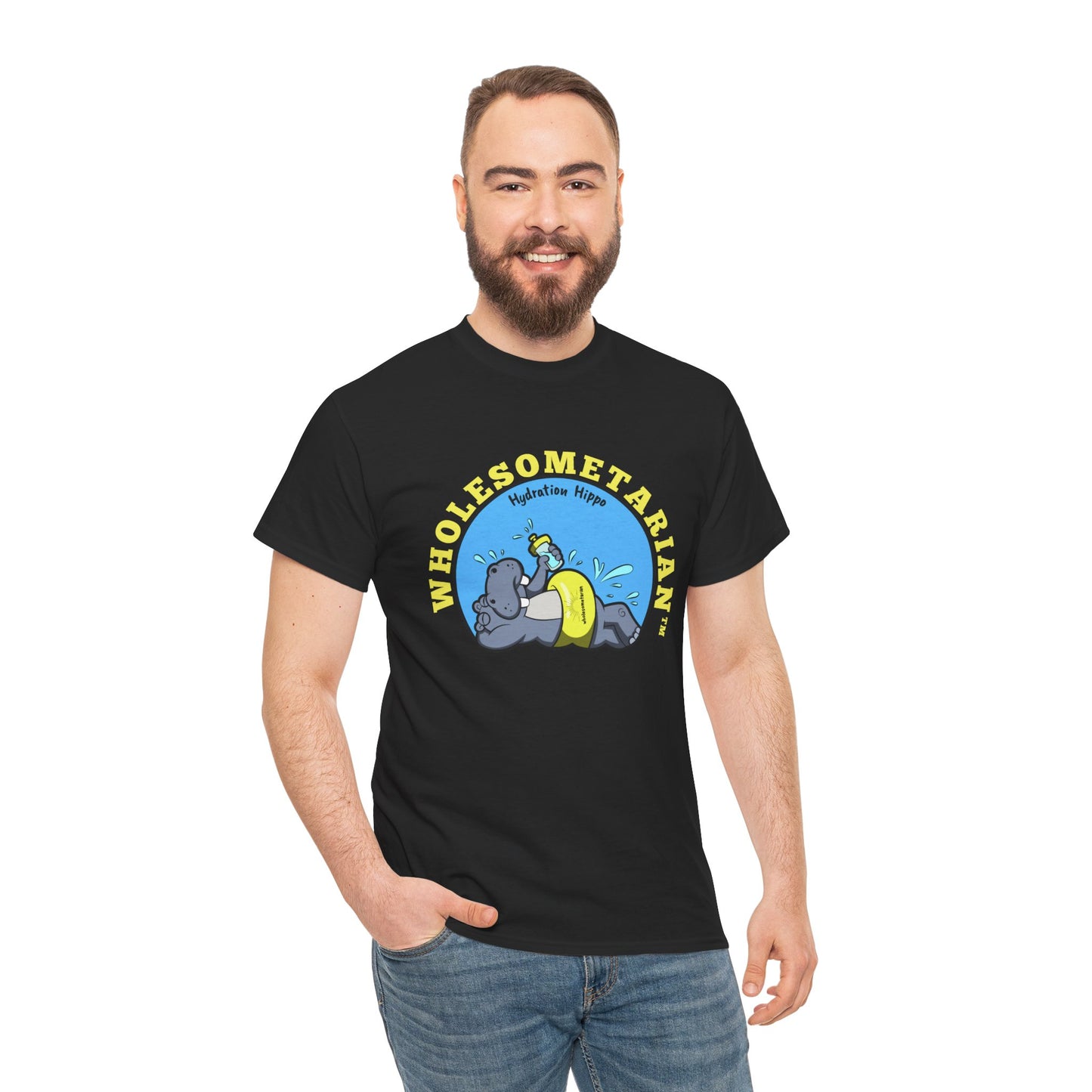 "Hello H₂O" Black Heavy Cotton Wholesometarian™ Tee Shirt with Hydration Hippo – Your Hydration Pillar