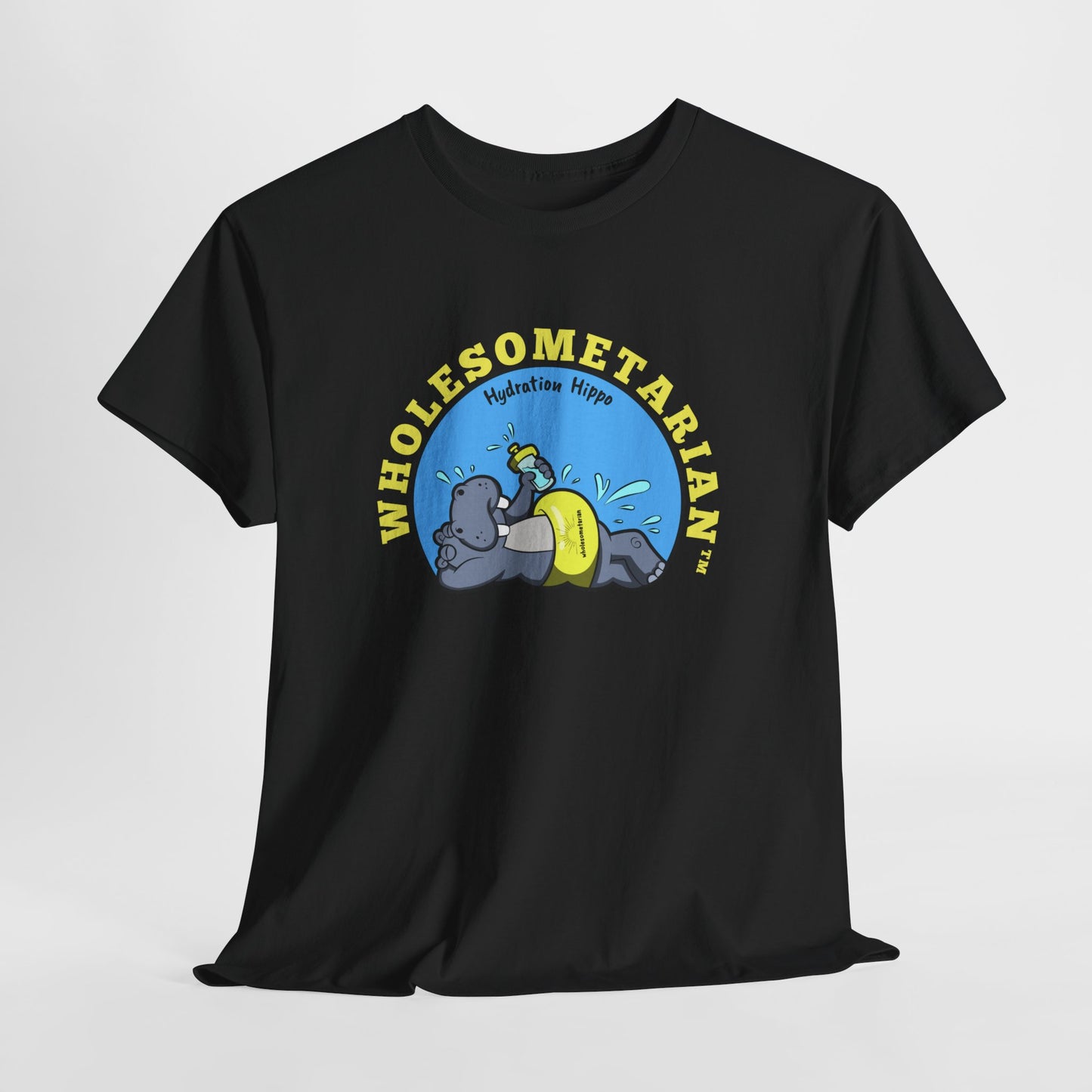 "Hello H₂O" Black Heavy Cotton Wholesometarian™ Tee Shirt with Hydration Hippo – Your Hydration Pillar