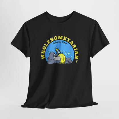 "Hello H₂O" Black Heavy Cotton Wholesometarian™ Tee Shirt with Hydration Hippo – Your Hydration Pillar