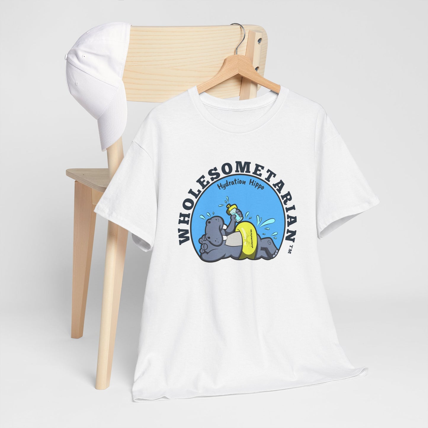 "Hello H2O" White Heavy Cotton Wholesometarian™ Tee Shirt with Hydration Hippo  - Hydration Pillar