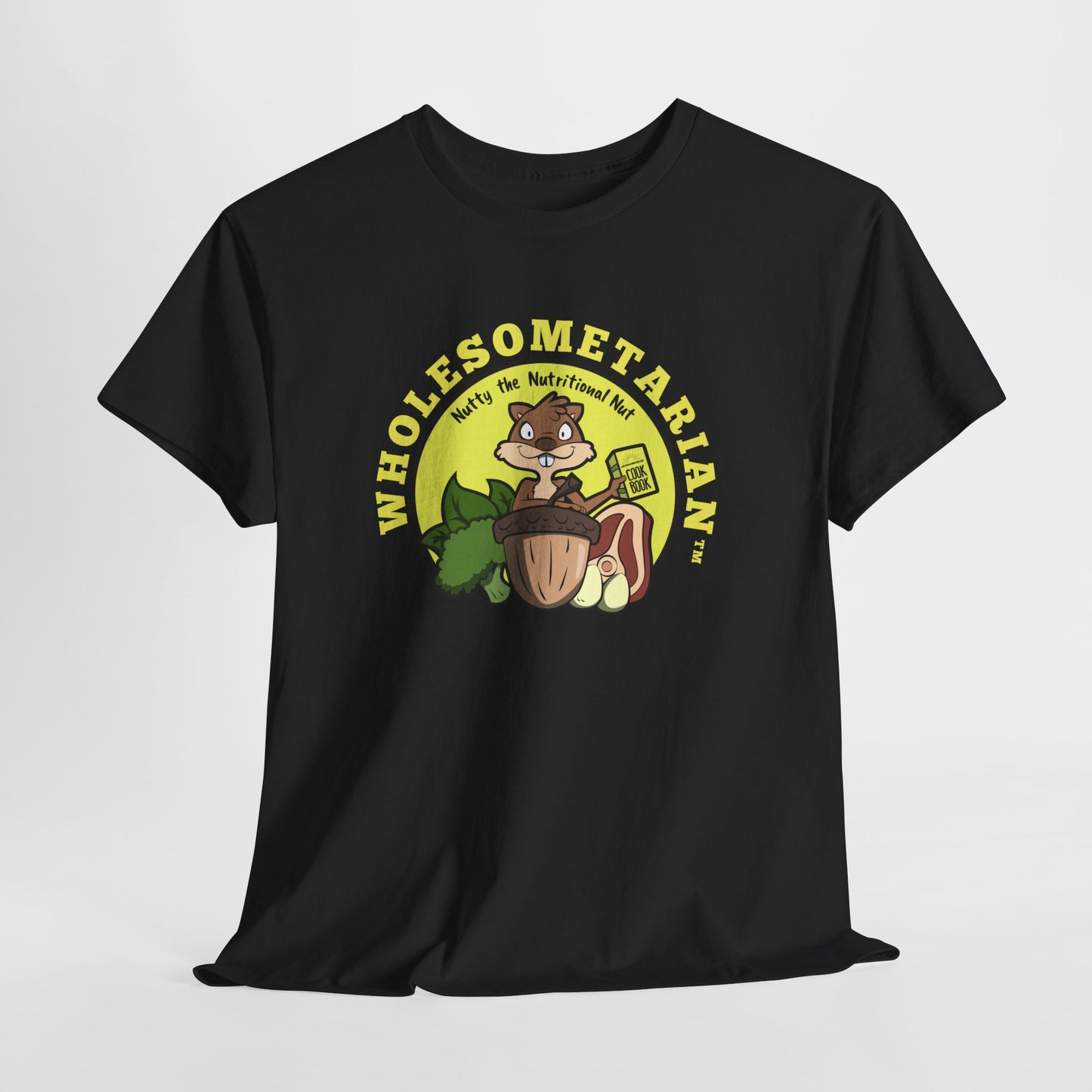 "Know What’s Best" Black Heavy Cotton Wholesometarian™ Tee Shirt with Nutty the Nutritional Nut – Your Knowledge Pillar