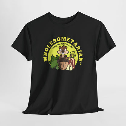 "Know What’s Best" Black Heavy Cotton Wholesometarian™ Tee Shirt with Nutty the Nutritional Nut – Your Knowledge Pillar