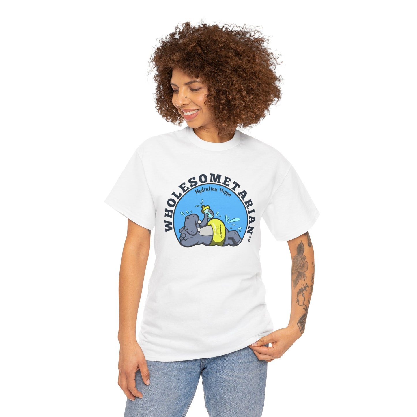 "Hello H2O" White Heavy Cotton Wholesometarian™ Tee Shirt with Hydration Hippo  - Hydration Pillar