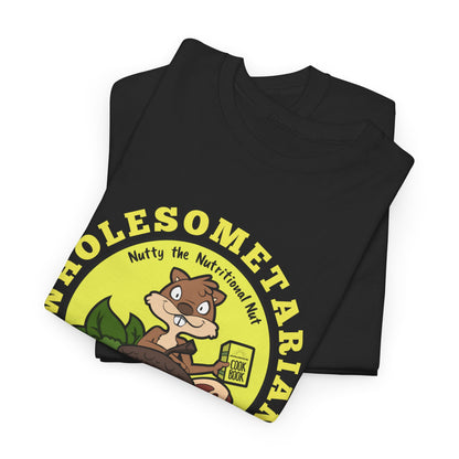 "Know What’s Best" Black Heavy Cotton Wholesometarian™ Tee Shirt with Nutty the Nutritional Nut – Your Knowledge Pillar