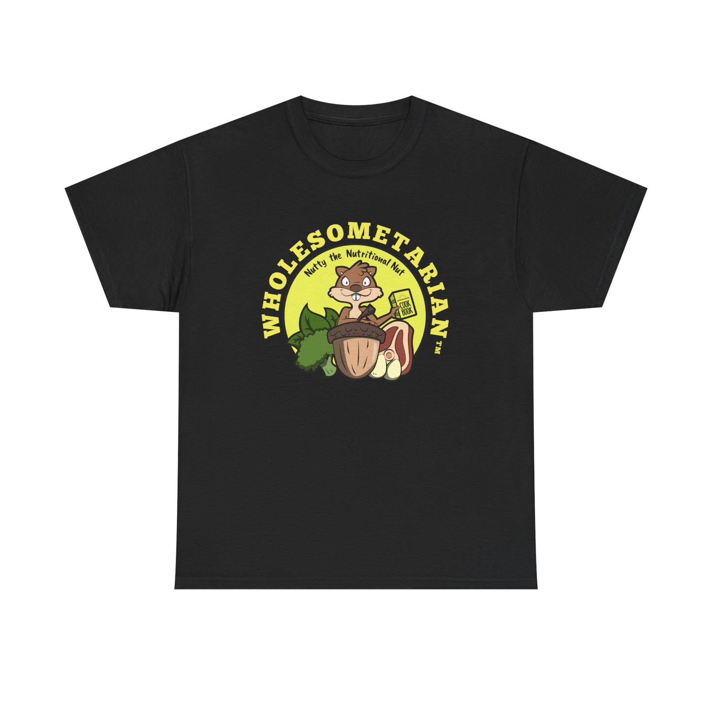 "Know What’s Best" Black Heavy Cotton Wholesometarian™ Tee Shirt w/ Nutty the Nutritional Nut – Your Knowledge Pillar