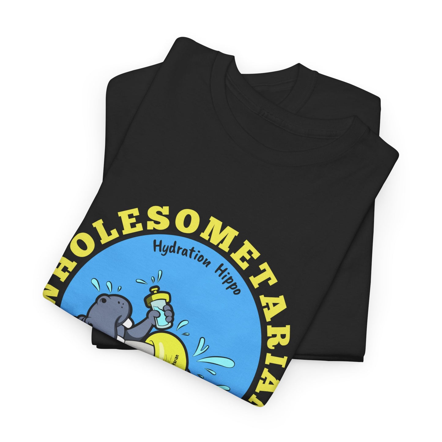 "Hello H₂O" Black Heavy Cotton Wholesometarian™ Tee Shirt with Hydration Hippo – Your Hydration Pillar