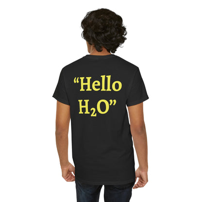 "Hello H₂O" Black Heavy Cotton Wholesometarian™ Tee Shirt with Hydration Hippo – Your Hydration Pillar