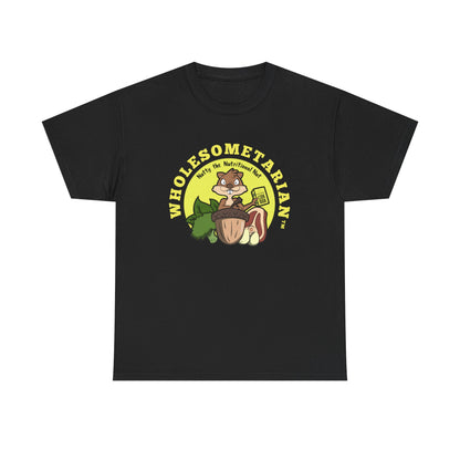 "Know What’s Best" Black Heavy Cotton Wholesometarian™ Tee Shirt with Nutty the Nutritional Nut – Your Knowledge Pillar