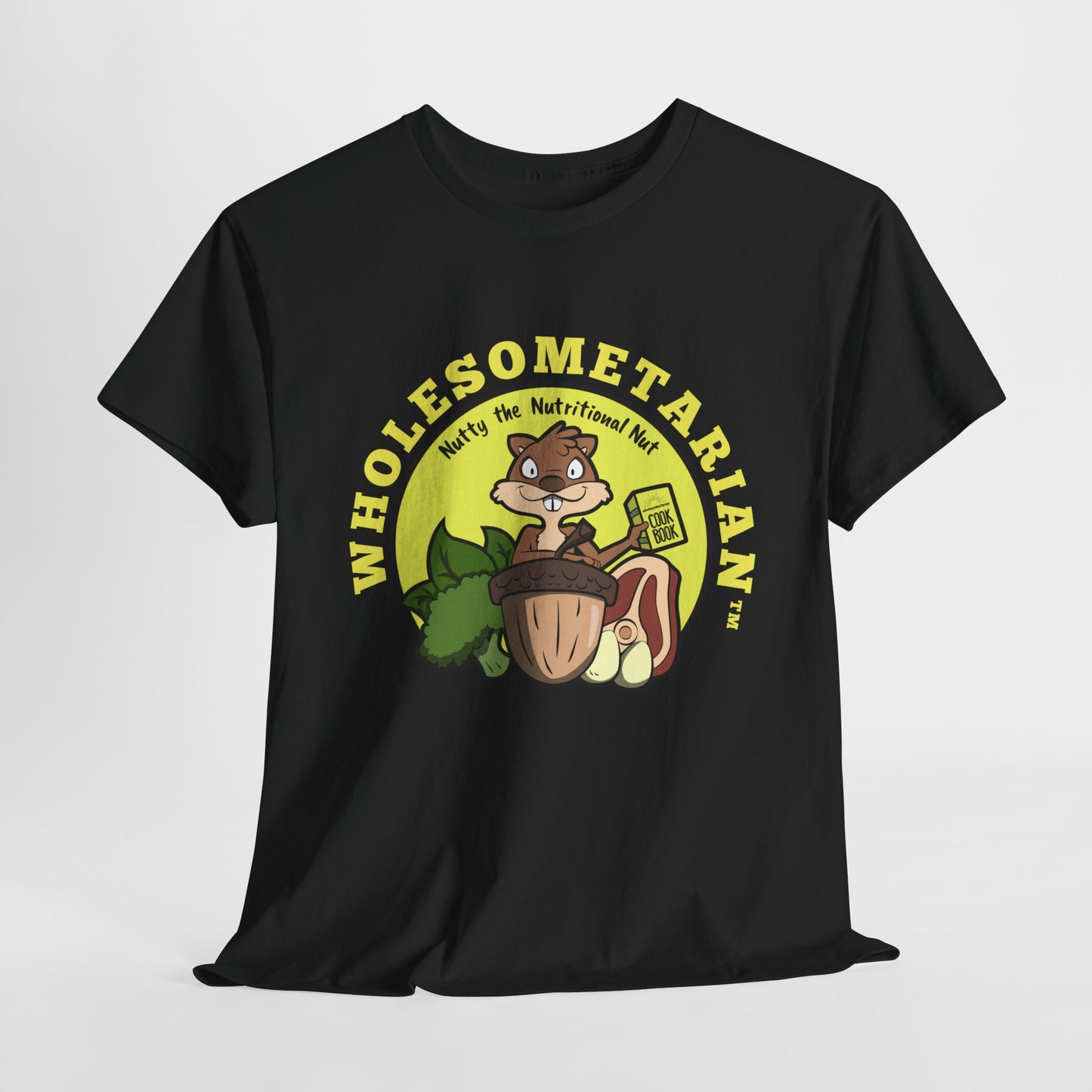 "Know What’s Best" Black Heavy Cotton Wholesometarian™ Tee Shirt with Nutty the Nutritional Nut – Your Knowledge Pillar