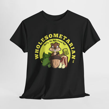 "Know What’s Best" Black Heavy Cotton Wholesometarian™ Tee Shirt with Nutty the Nutritional Nut – Your Knowledge Pillar