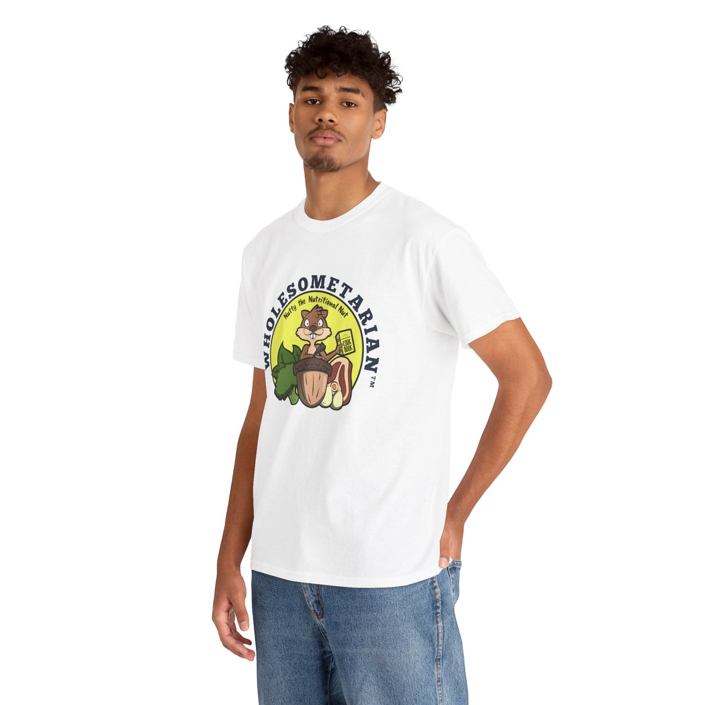 "Know What’s Best" White Heavy Cotton Wholesometarian™ Tee Shirt – With Nutty the Nutritional Nut – Your Knowledge Pillar