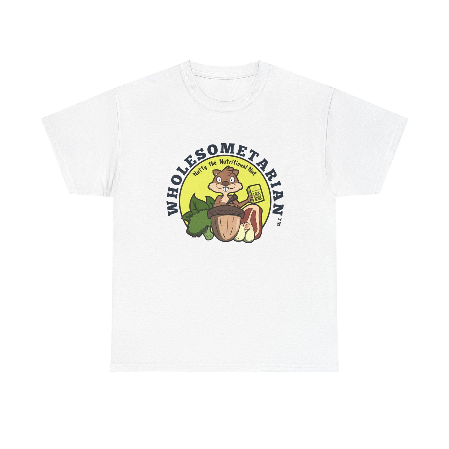 "Know What’s Best" White Heavy Cotton Wholesometarian™ Tee Shirt – With Nutty the Nutritional Nut – Your Knowledge Pillar