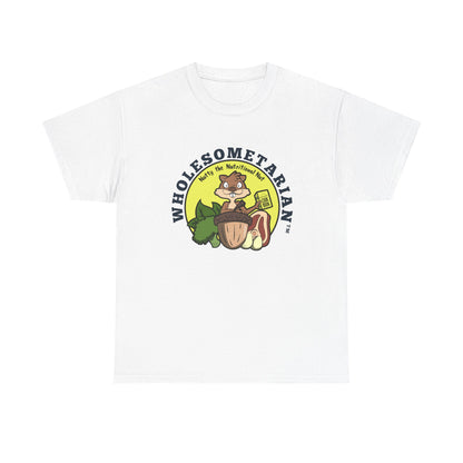 "Know What’s Best" White Heavy Cotton Wholesometarian™ Tee Shirt – With Nutty the Nutritional Nut – Your Knowledge Pillar