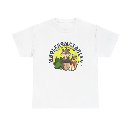 "Know What’s Best" White Heavy Cotton Wholesometarian™ Tee Shirt – With Nutty the Nutritional Nut – Your Knowledge Pillar
